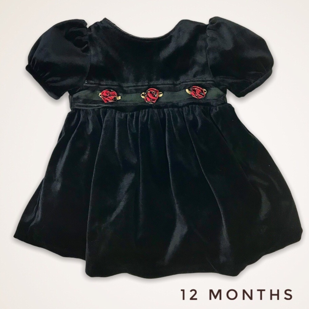 Baby HOLIDAY DRESS - Black Velvet - Red Roses 12M